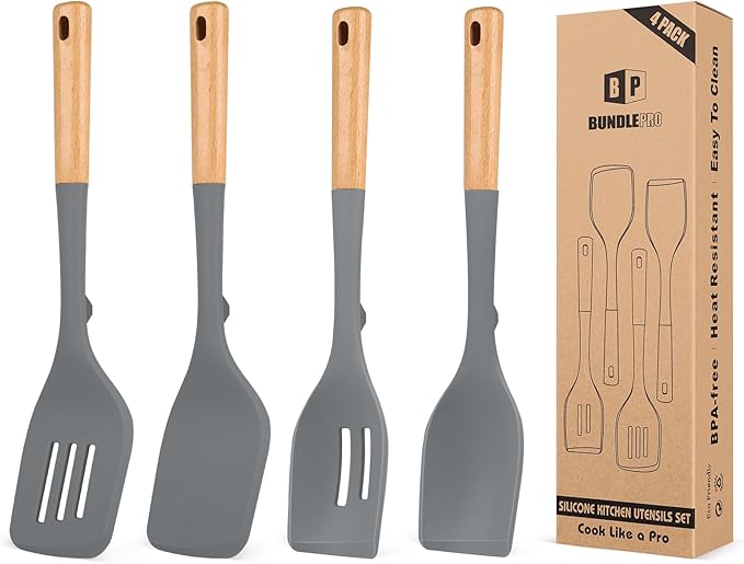 Pack of 4 Silicone Kitchen Utensils Set, Non Stick Solid Spatulas and Heat Resistant Slotted Spoons with Wooden Handle, Ideal BPA Free Cooking Utensils for Mixing,Serving,Turning,Stirring(GRAY)