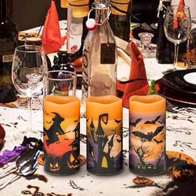 Orange Halloween Flameless Candles Set of 3 | Flickering LED Real Wax with 6-Hour Timer, 3x6"