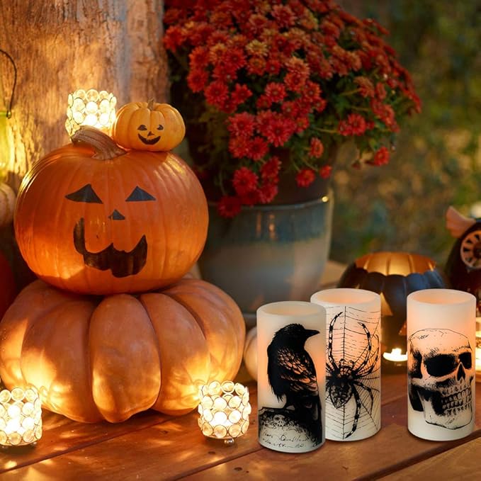 Halloween Flameless Candles Set of 3 | Flickering LED Real Wax with 6-Hour Timer, Skull & Spider Web Decals