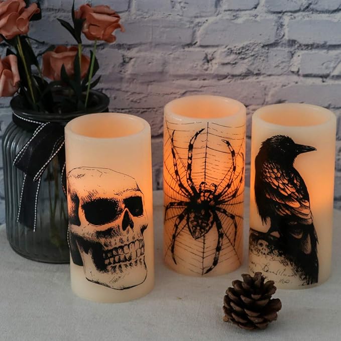 Halloween Flameless Candles Set of 3 | Flickering LED Real Wax with 6-Hour Timer, Skull & Spider Web Decals