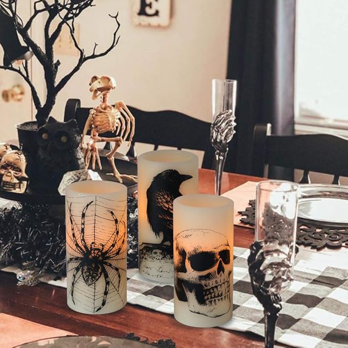 Halloween Flameless Candles Set of 3 | Flickering LED Real Wax with 6-Hour Timer, Skull & Spider Web Decals