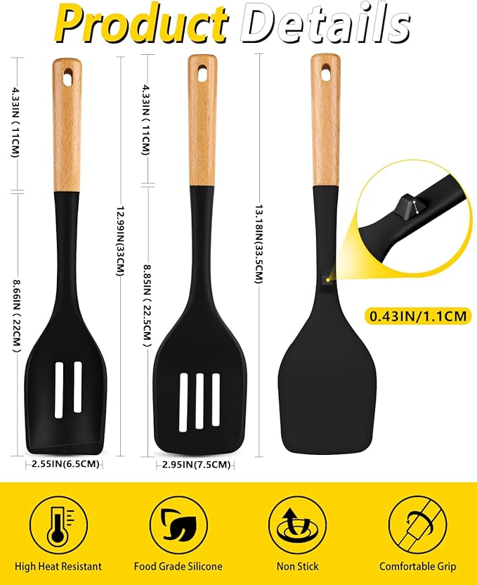 Silicone Kitchen Utensils Set of 4 | BPA-Free, Heat-Resistant with Wooden Handles, Black