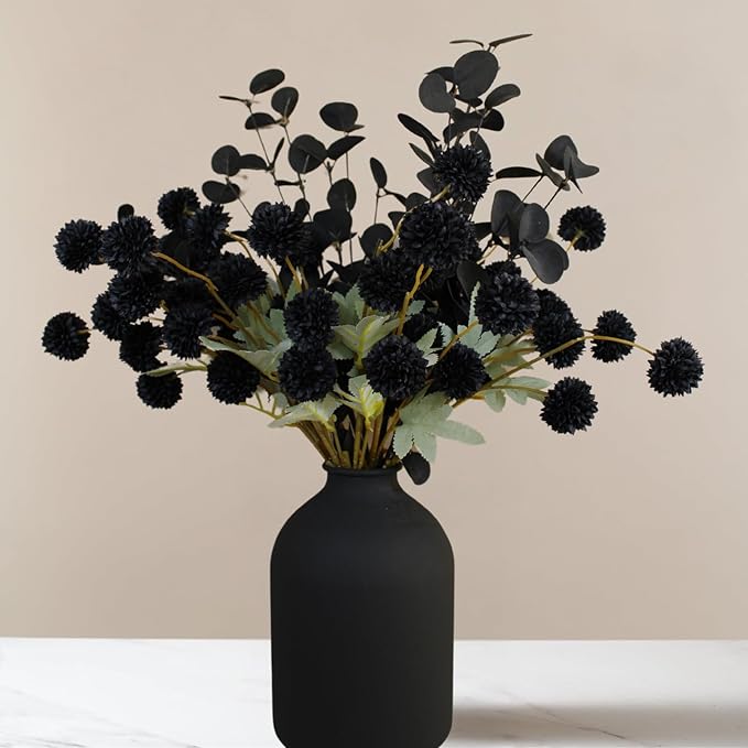 Black Artificial Mum & Eucalyptus Stems, 10 Stems | Gothic Halloween Floral Centerpiece, Faux Silk