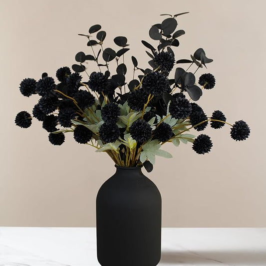 Black Artificial Mum & Eucalyptus Stems, 10 Stems | Gothic Halloween Floral Centerpiece, Faux Silk