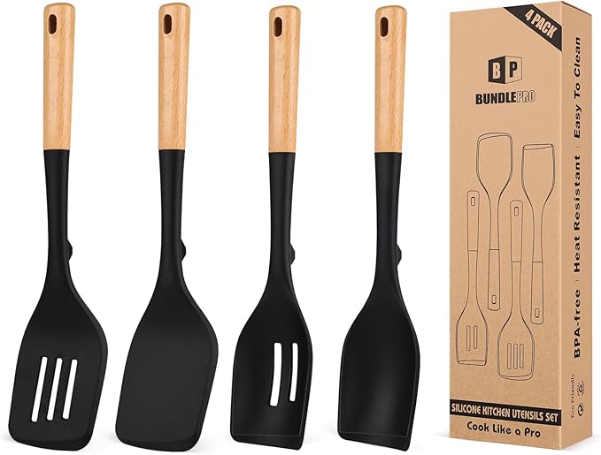 Silicone Kitchen Utensils Set of 4 | BPA-Free, Heat-Resistant with Wooden Handles, Black