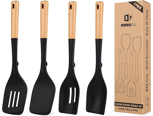 Silicone Kitchen Utensils Set of 4 | BPA-Free, Heat-Resistant with Wooden Handles, Black