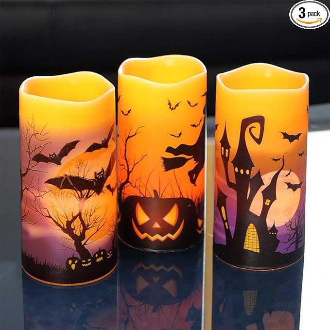 Orange Halloween Flameless Candles Set of 3 | Flickering LED Real Wax with 6-Hour Timer, 3x6"