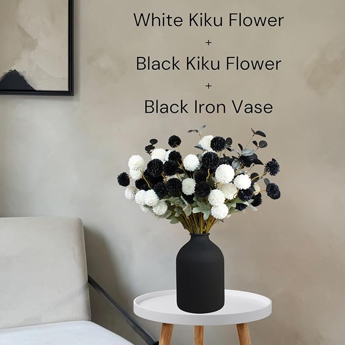 Black Artificial Mum & Eucalyptus Stems, 10 Stems | Gothic Halloween Floral Centerpiece, Faux Silk