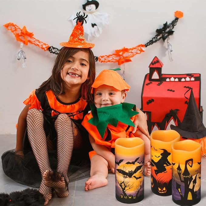 Orange Halloween Flameless Candles Set of 3 | Flickering LED Real Wax with 6-Hour Timer, 3x6"
