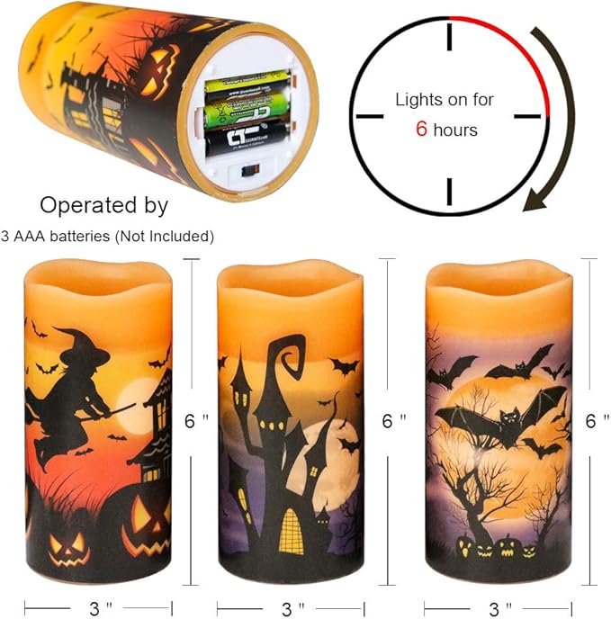 Orange Halloween Flameless Candles Set of 3 | Flickering LED Real Wax with 6-Hour Timer, 3x6"