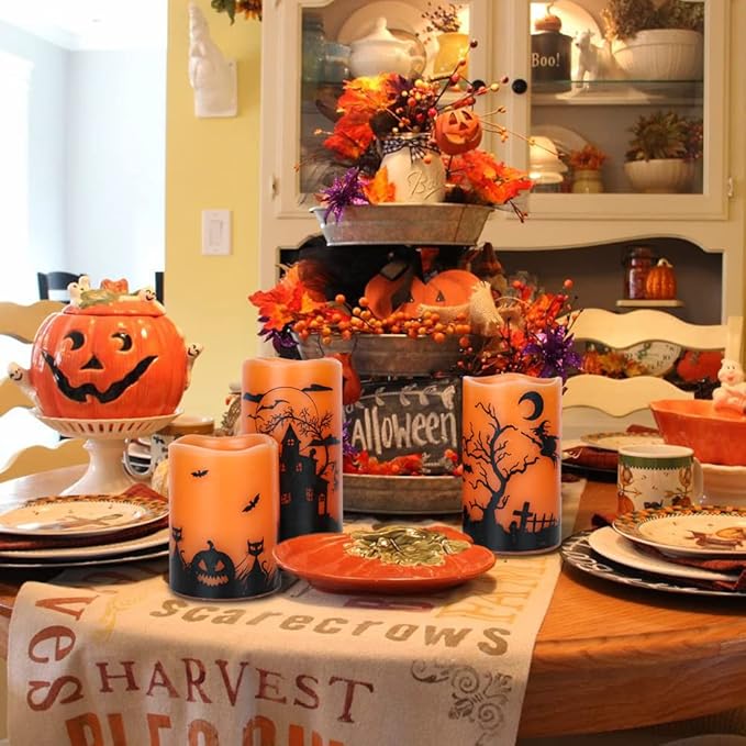 Halloween Flameless Candles Set of 3 | Flickering LED Real Wax with 6-Hour Timer, Cat & Witch Decals