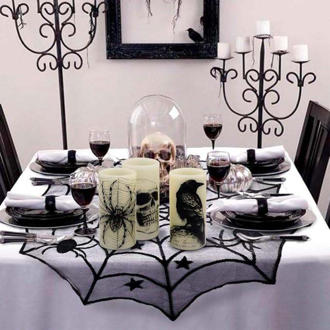 Halloween Flameless Candles Set of 3 | Flickering LED Real Wax with 6-Hour Timer, Skull & Spider Web Decals