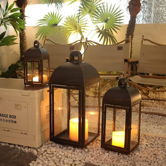 Lanterns Decorative Outdoor & Indoor, Set of 3 Outdoor Lanterns for Porch, 23" Large Candle Lantern, Bronze Metal Frame with Glass