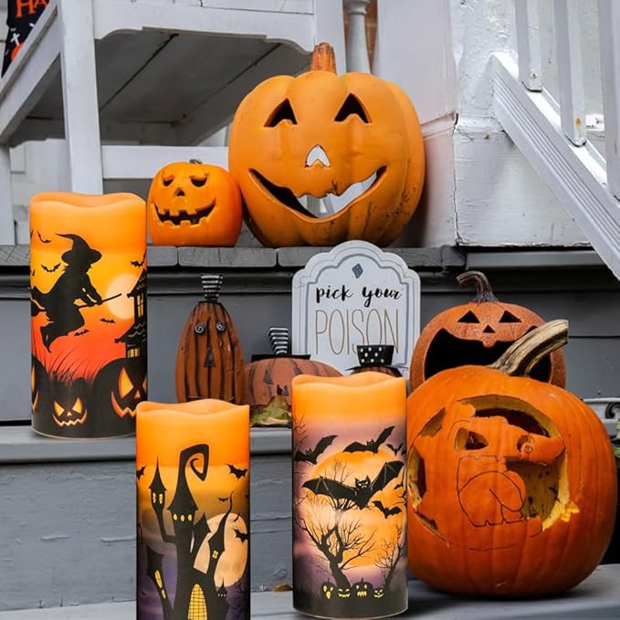 Orange Halloween Flameless Candles Set of 3 | Flickering LED Real Wax with 6-Hour Timer, 3x6"