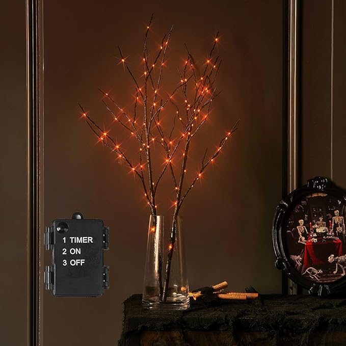 LITBLOOM Halloween Tree Branch Lights 32IN 100 Orange LED with Timer, Lighted Black Twig Branches with Fairy Lights for Halloween Decoration Indoor Outdoor