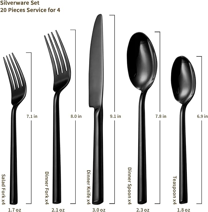20-Piece Stainless Steel Flatware Set | Modern Black Mirror Finish, Service for 4