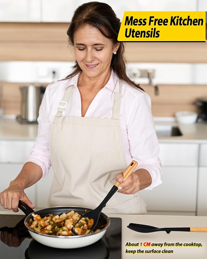 Silicone Kitchen Utensils Set of 4 | BPA-Free, Heat-Resistant with Wooden Handles, Black