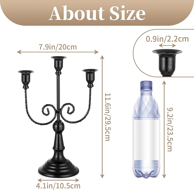 Black Metal 3-Arm Candelabra | Matte Taper Candle Holder Stand, 11.6"