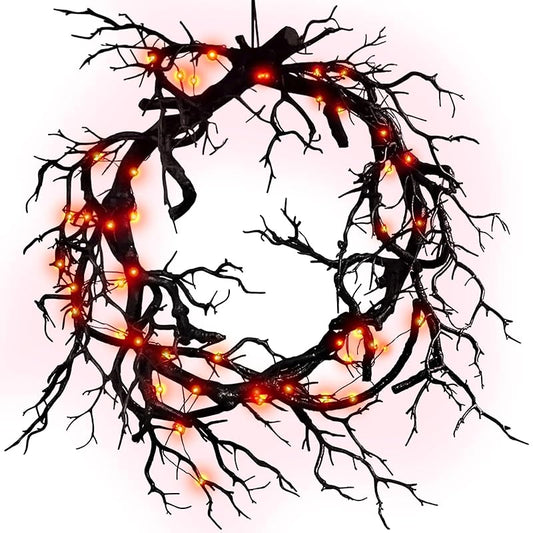 Black Twig Halloween Wreath with Red Lights, 17" | Handcrafted Indoor Outdoor Front Door Decor