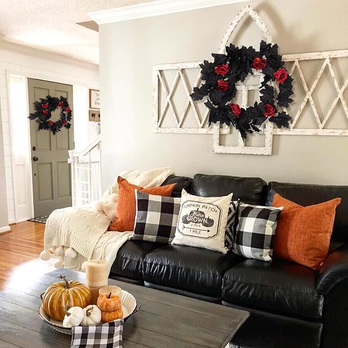 Black Maple Leaf & Red Rose Garland, Set of 2 | 5.7 FT Hanging Vine for Halloween & Wedding Decor