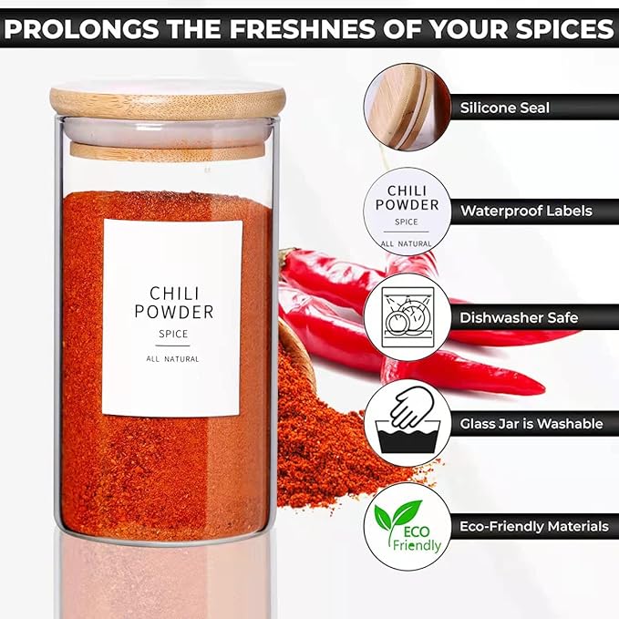 Bamboo Lid Glass Spice Jars | Set of 12 with 148 Waterproof Labels — 10oz Airtight Spice Containers