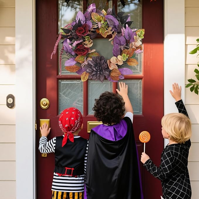 Halloween Rose & Spider Wreath, 18" | Red & Purple Front Door Decoration, Indoor Outdoor