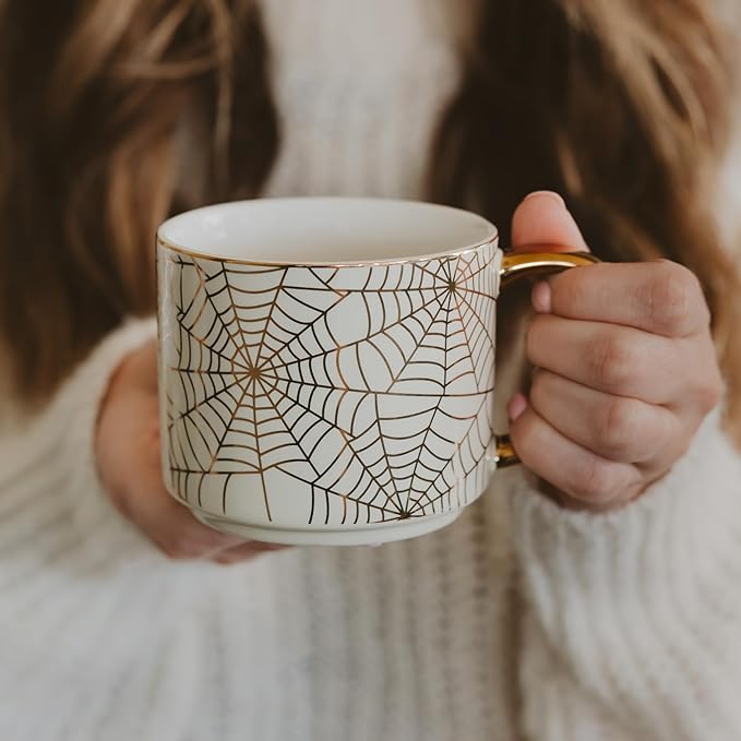 Sweet Water Decor Gold Spiderwebs Mug, 14oz Fine Bone China Coffee Cup with Gold Handle