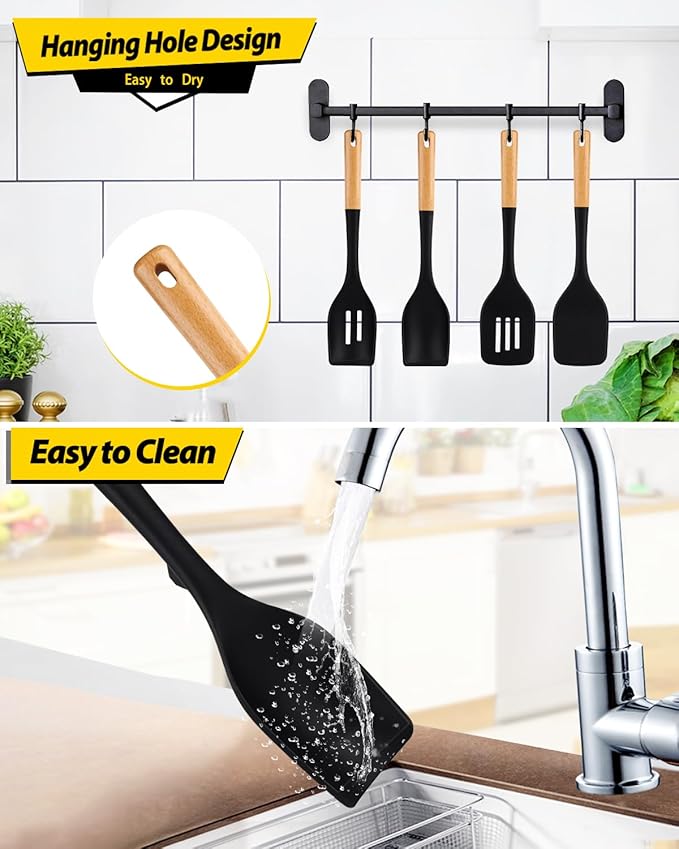 Silicone Kitchen Utensils Set of 4 | BPA-Free, Heat-Resistant with Wooden Handles, Black