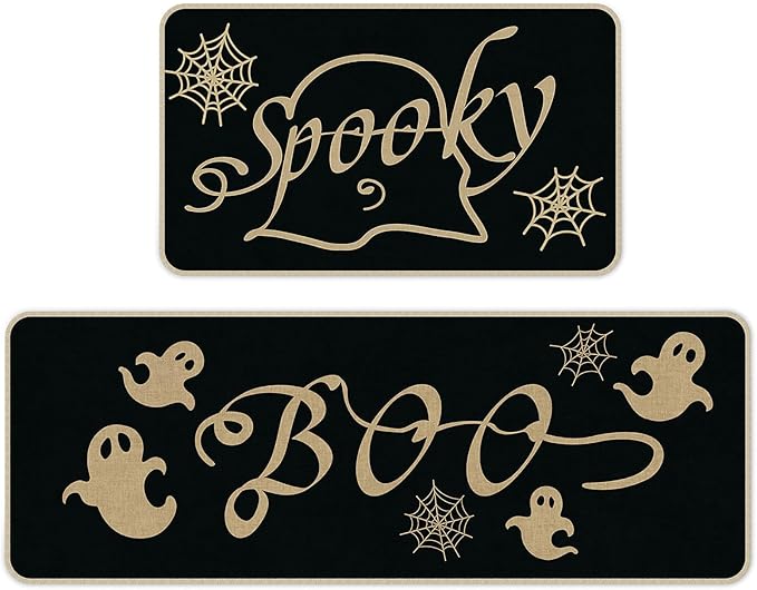 Halloween Kitchen Mat Set of 2 | Spider Web & Ghost Design, Non-Slip, 17x29" & 17x47"