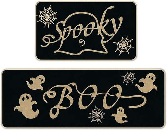 Halloween Kitchen Mat Set of 2 | Spider Web & Ghost Design, Non-Slip, 17x29" & 17x47"