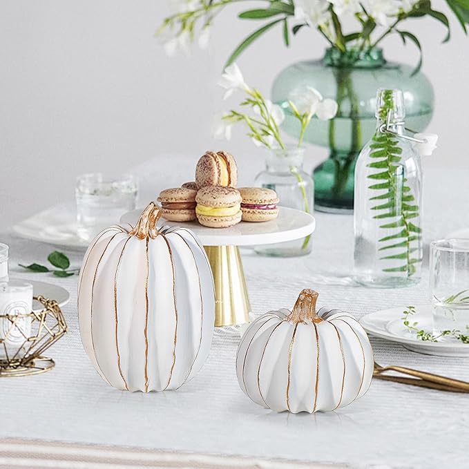 Resin Pumpkin Decor Set of 2 | Gold & White Fall Tabletop Decorations