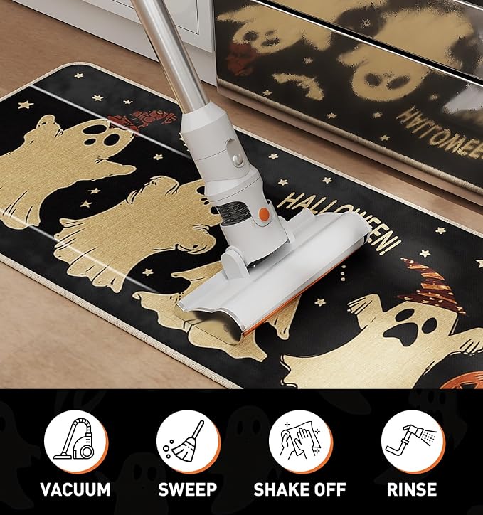 Halloween Kitchen Mat Set of 2 | Pumpkin, Ghost & Bat Design, Non-Slip, 17x29" & 17x47"
