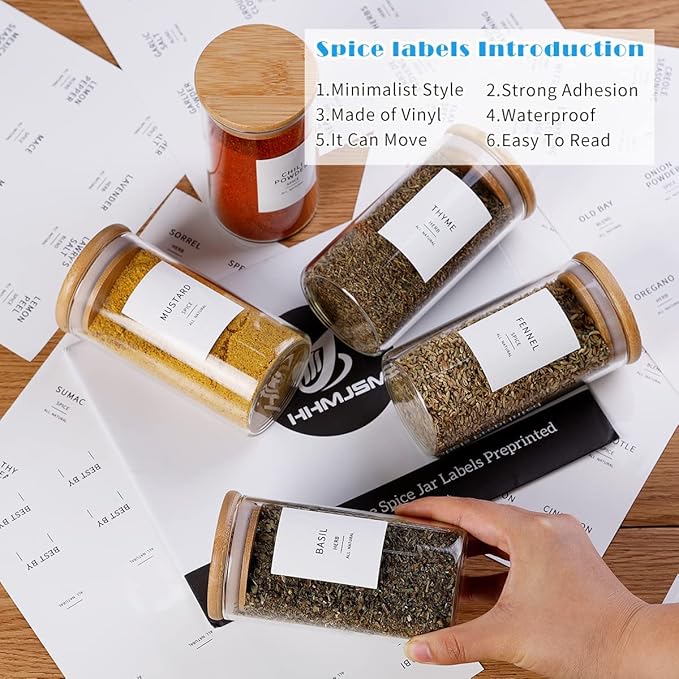Bamboo Lid Glass Spice Jars | Set of 12 with 148 Waterproof Labels — 10oz Airtight Spice Containers