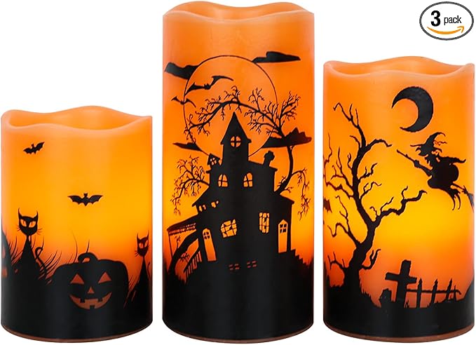 Halloween Flameless Candles Set of 3 | Flickering LED Real Wax with 6-Hour Timer, Cat & Witch Decals