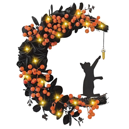 Black Cat & Moon Halloween Wreath with Lights | Front Door Indoor Outdoor Decor