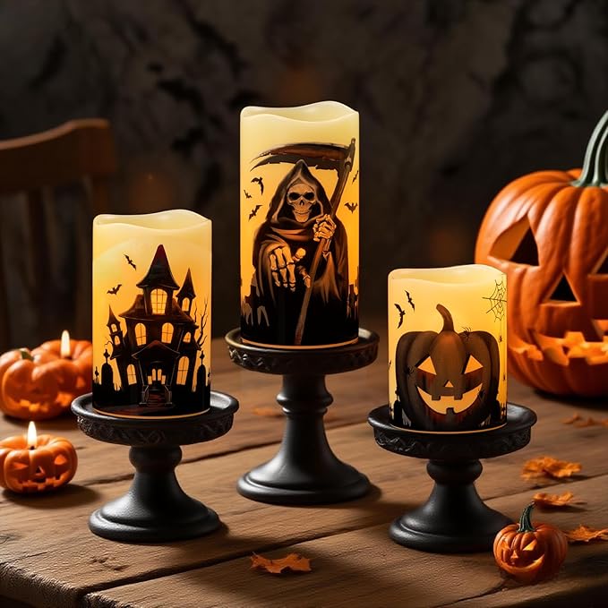 Halloween Flameless Pillar Candles with Timer | Set of 3 (Grim Reaper, Haunted House, Pumpkin)
