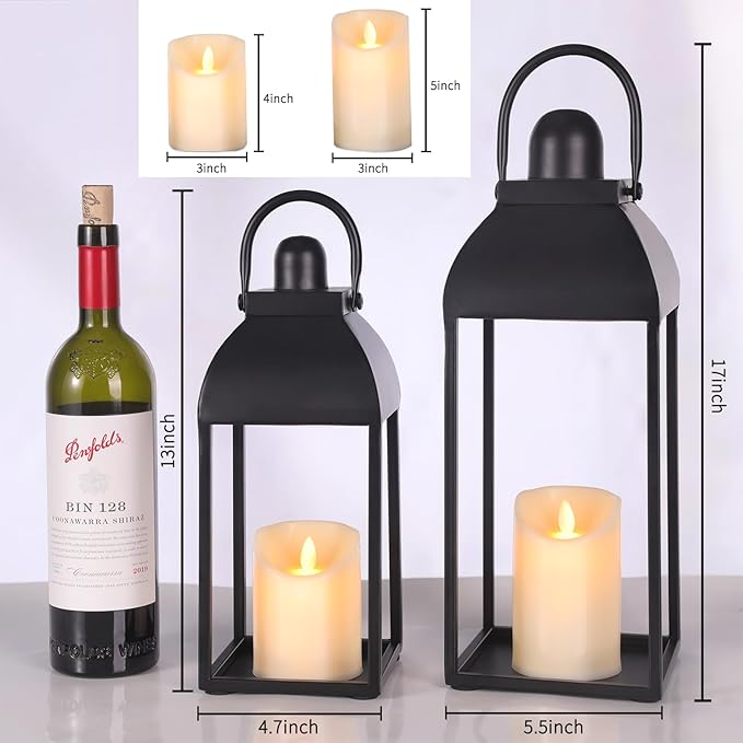 Black Metal Farmhouse Candle Lanterns, Set of 2 | Indoor & Outdoor, 13" & 17"