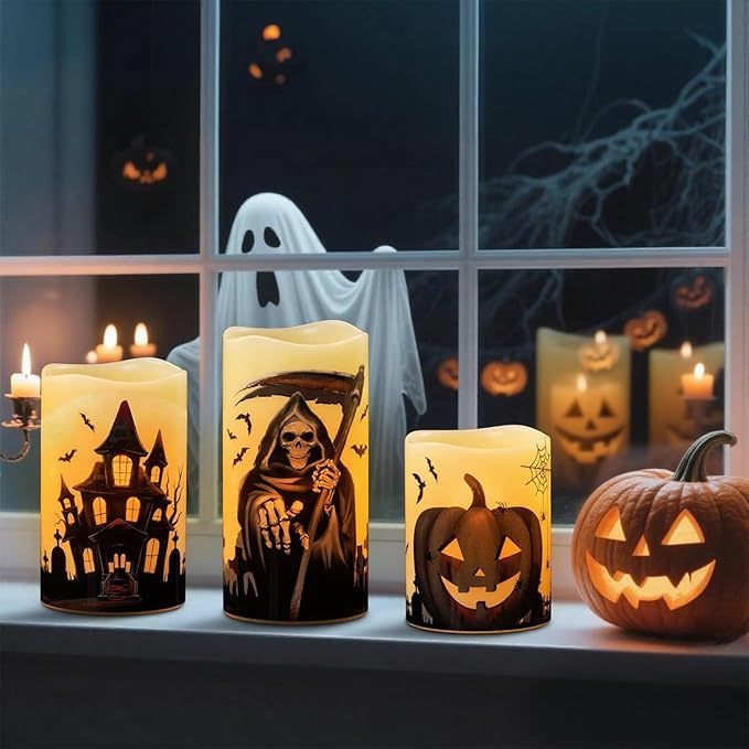 Halloween Flameless Pillar Candles with Timer | Set of 3 (Grim Reaper, Haunted House, Pumpkin)