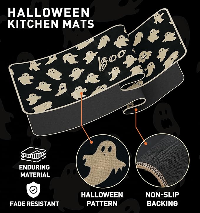 Halloween Kitchen Mat Set of 2 | Ghost & Boo Design, Non-Slip, 17x29" & 17x47"