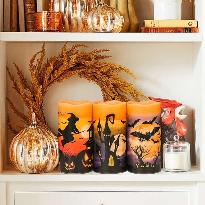 Orange Halloween Flameless Candles Set of 3 | Flickering LED Real Wax with 6-Hour Timer, 3x6"
