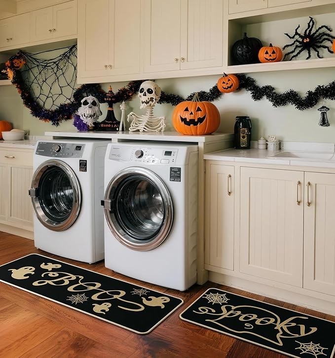 Halloween Kitchen Mat Set of 2 | Spider Web & Ghost Design, Non-Slip, 17x29" & 17x47"