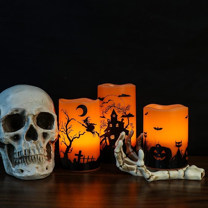 Halloween Flameless Candles Set of 3 | Flickering LED Real Wax with 6-Hour Timer, Cat & Witch Decals