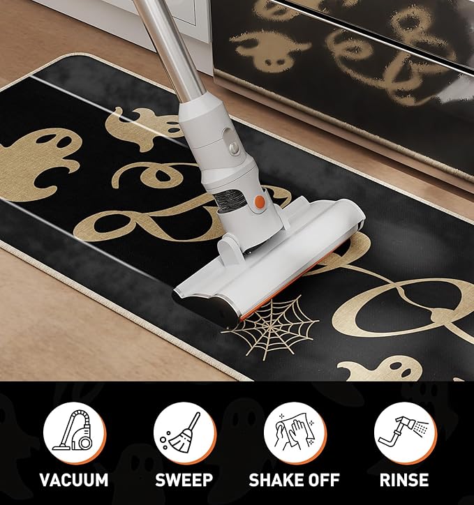 Halloween Kitchen Mat Set of 2 | Spider Web & Ghost Design, Non-Slip, 17x29" & 17x47"