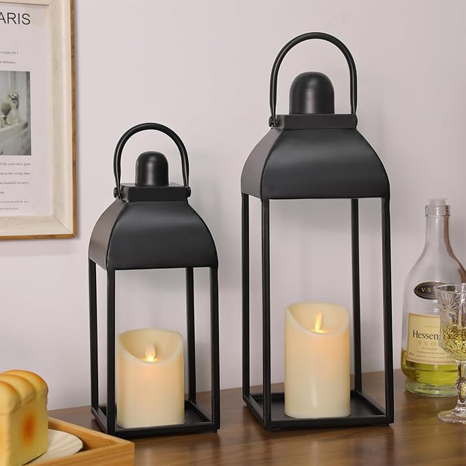 Black Metal Farmhouse Candle Lanterns, Set of 2 | Indoor & Outdoor, 13" & 17"