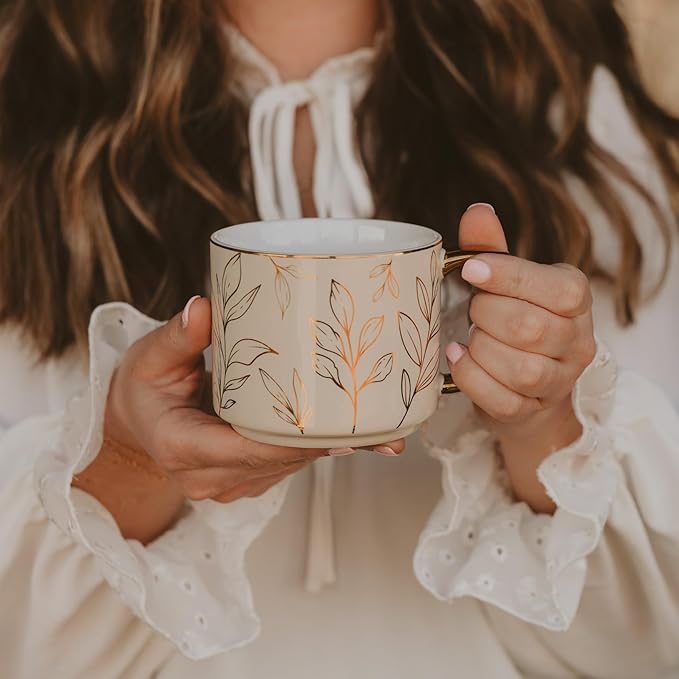 Sweet Water Decor Gold Leaves Mug with Gold Handle, 14oz Fine Bone China Coffee Cup