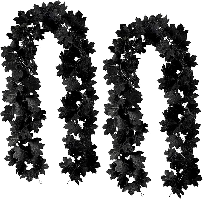 Black Maple Leaf Halloween Garland, Set of 2 | 5.7 FT Artificial Hanging Vine for Mantle & Fireplace