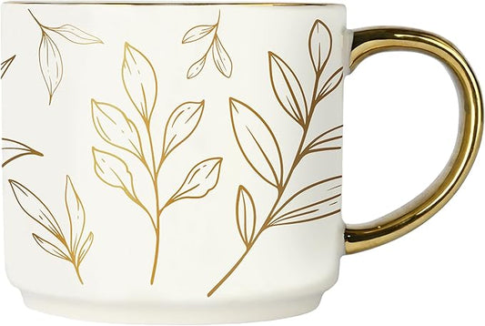 Sweet Water Decor Gold Leaves Mug with Gold Handle, 14oz Fine Bone China Coffee Cup