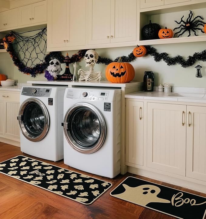 Halloween Kitchen Mat Set of 2 | Ghost & Boo Design, Non-Slip, 17x29" & 17x47"