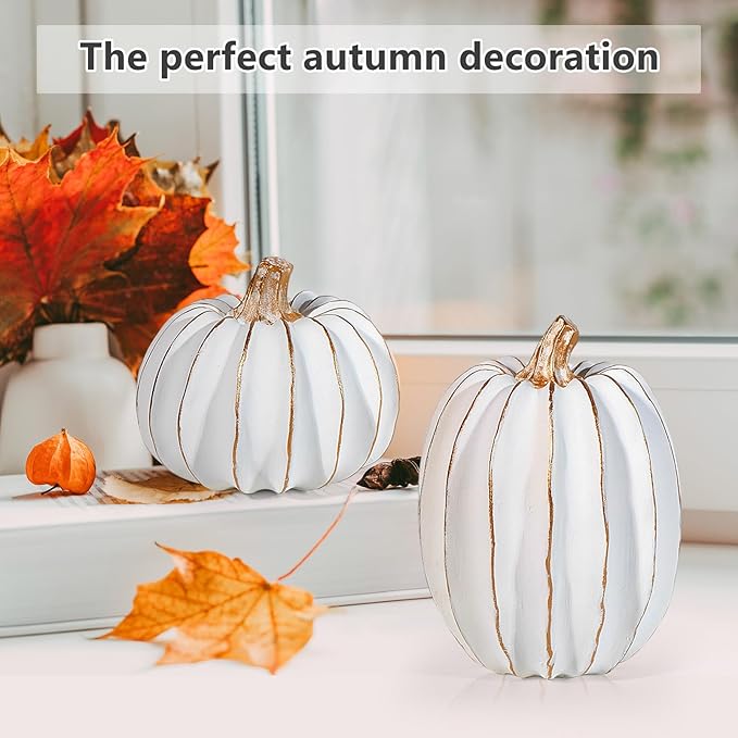 Resin Pumpkin Decor Set of 2 | Gold & White Fall Tabletop Decorations