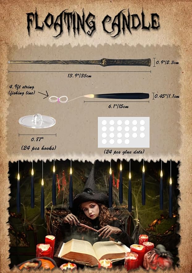 Flameless Floating Candles Set of 22 | Magic Wand Remote & Timer — Halloween & Holiday Hanging Décor